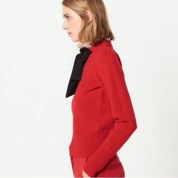 Sandro Red 100% Wool Lézard Sweater w/ Silk Bow - 3/M 🇫🇷 - Picture 7 of 14
